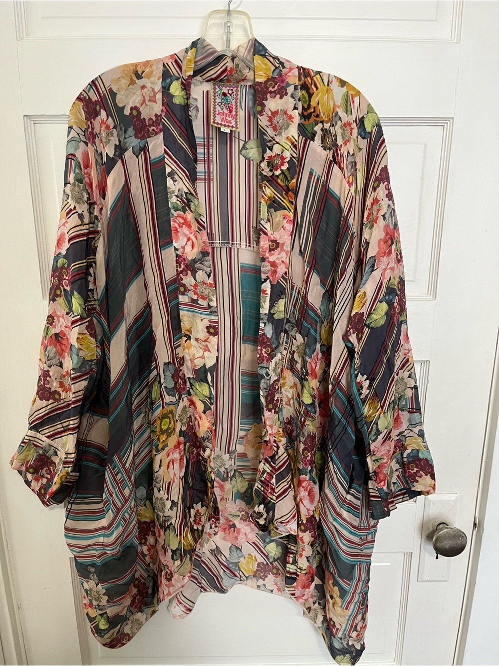 Johnny Was Floral Stripe Open-Front Women's Kimono Jacket - Multicolor L